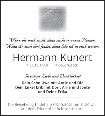 Traueranzeige von Hermann Kunert von Trauerkombi Wittenberg
