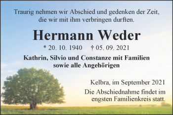 Traueranzeige von Hermann Weder von Trauerkombi Sangerhausen