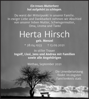 Traueranzeige von Herta Hirsch von Wochenspiegel Naumburg/Nebra