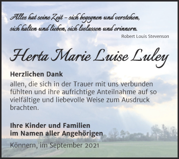 Traueranzeige von Herta Marie Luise Luley von Trauerkombi Bernburg