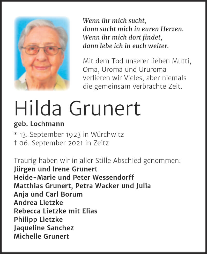  Traueranzeige für Hilda Grunert vom 18.09.2021 aus Trauerkombi Zeitz