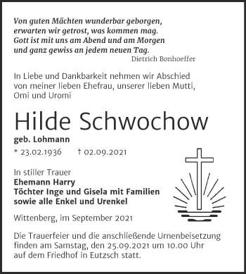 Traueranzeige von Hilde Schwochow von Trauerkombi Wittenberg