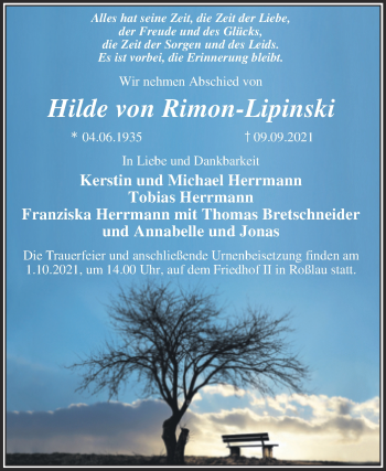 Traueranzeige von Hilde von Rimon-Lipinski von Trauerkombi Dessau
