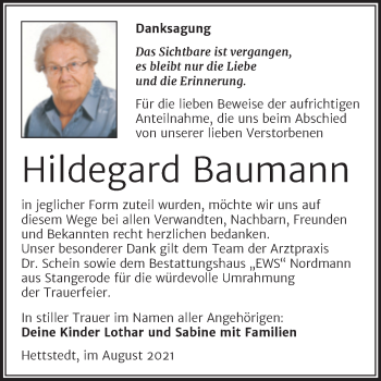 Traueranzeige von Hildegard Baumann von Trauerkombi Mansfelder Land