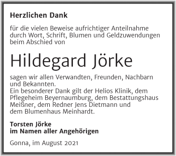 Traueranzeige von Hildegard Jörke von Trauerkombi Sangerhausen