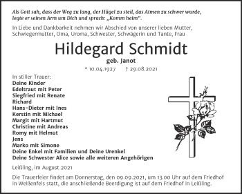 Traueranzeige von Hildegard Schmidt von Trauerkombi Weißenfels