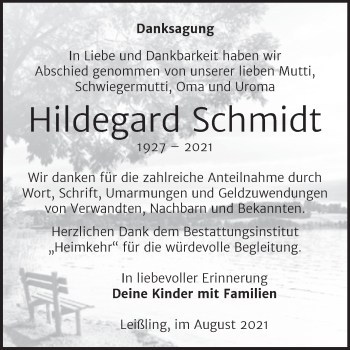 Traueranzeige von Hildegard Schmidt von Trauerkombi Weißenfels