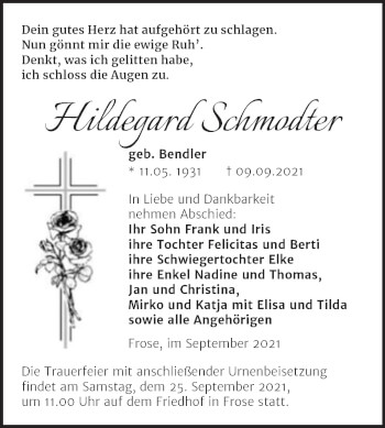 Traueranzeige von Hildegard Schmodter von Trauerkombi Aschersleben
