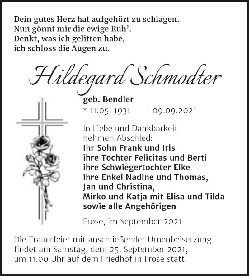  Traueranzeige für Hildegard Schmodter vom 18.09.2021 aus Trauerkombi Aschersleben