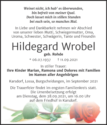 Traueranzeige von Hildegard Wrobel von Wochenspiegel Naumburg/Nebra