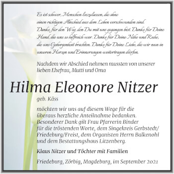 Traueranzeige von Hilma Eleonore Nitzer von Trauerkombi Mansfelder Land