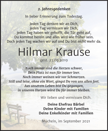 Traueranzeige von Hilmar Krause von Trauerkombi Merseburg