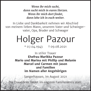 Traueranzeige von Holger Pazour von Trauerkombi Sangerhausen