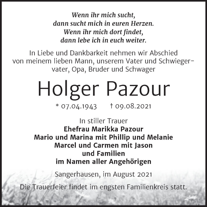  Traueranzeige für Holger Pazour vom 01.09.2021 aus Trauerkombi Sangerhausen