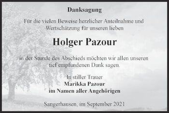 Traueranzeige von Holger Pazour von Trauerkombi Sangerhausen