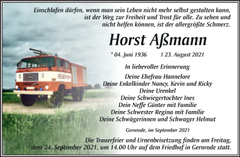 Traueranzeige von Horst Aßmann von Trauerkombi Quedlinburg