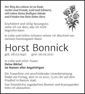 Traueranzeige von Horst Bonnick von Trauerkombi Bitterfeld
