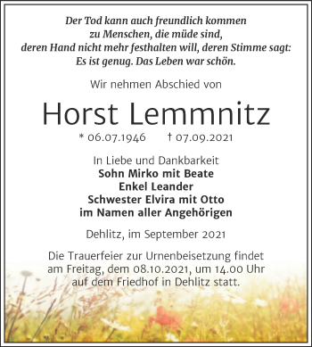 Traueranzeige von Horst Lemmnitz von Trauerkombi Weißenfels