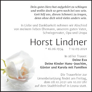 Traueranzeige von Horst Lindner von Trauerkombi Merseburg