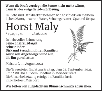 Traueranzeige von Horst Maly von Trauerkombi Quedlinburg