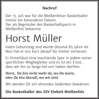 Traueranzeige von Horst Müller von Trauerkombi Weißenfels