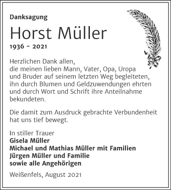 Traueranzeige von Horst Müller von Trauerkombi Weißenfels