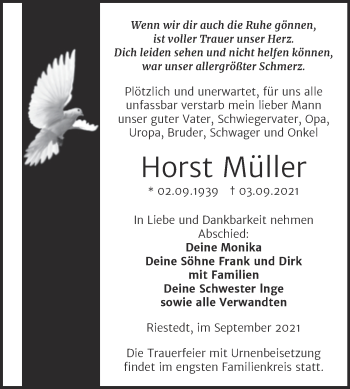 Traueranzeige von Horst Müller von Trauerkombi Sangerhausen