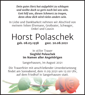 Traueranzeige von Horst Polaschek von Trauerkombi Sangerhausen