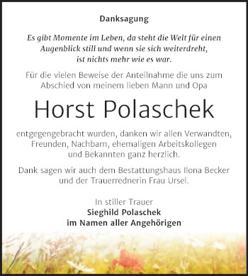 Traueranzeige von Horst Polaschek von Trauerkombi Sangerhausen