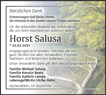 Traueranzeige von Horst Salusa von Trauerkombi Aschersleben
