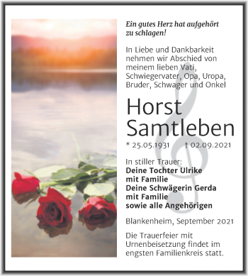 Traueranzeige von Horst Samtleben von Trauerkombi Sangerhausen