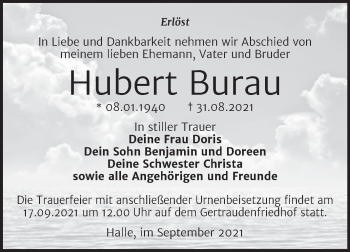 Traueranzeige von Hubert Burau von Mitteldeutsche Zeitung Halle/Saalkreis