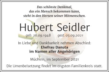 Traueranzeige von Hubert Seidler von Trauerkombi Merseburg