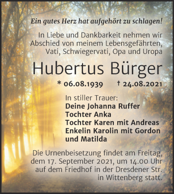 Traueranzeige von Hubertus Bürger von Trauerkombi Wittenberg