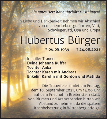 Traueranzeige von Hubertus Bürger von Trauerkombi Sangerhausen