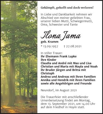 Traueranzeige von Ilona Jama von Trauerkombi Aschersleben