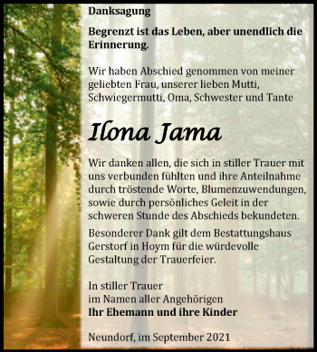 Traueranzeige von Ilona Jama von Trauerkombi Aschersleben