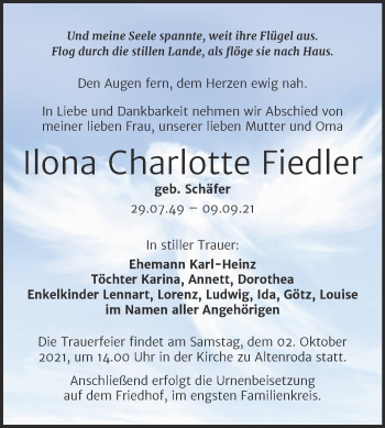 Traueranzeige von Ilona Charlotte Fiedler von Wochenspiegel Naumburg/Nebra