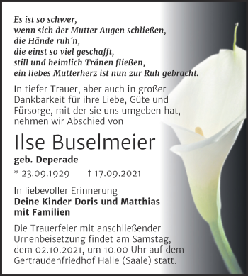 Traueranzeige von Ilse Buselmeier von Mitteldeutsche Zeitung Halle/Saalkreis