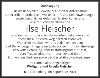 Traueranzeige von Ilse Fleischer von Trauerkombi Merseburg