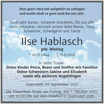 Traueranzeige von Ilse Hablasch von Trauerkombi Aschersleben