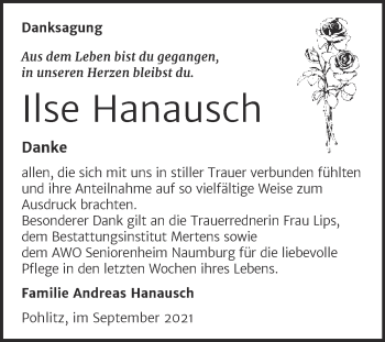 Traueranzeige von Ilse Hanausch von Wochenspiegel Naumburg/Nebra