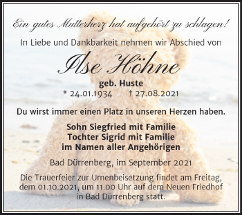 Traueranzeige von Ilse Höhne von Trauerkombi Merseburg