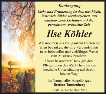 Traueranzeige von Ilse Köhler von Trauerkombi Quedlinburg