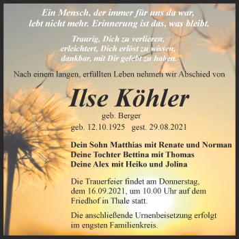 Traueranzeige von Ilse Köhler von Trauerkombi Quedlinburg