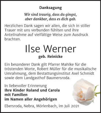 Traueranzeige von Ilse Werner von Wochenspiegel Naumburg/Nebra