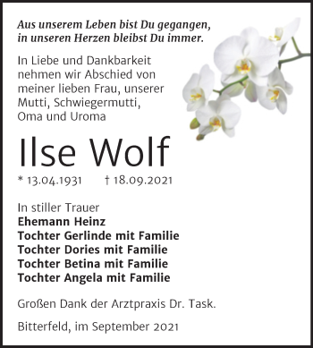 Traueranzeige von Ilse Wolf von Trauerkombi Bitterfeld