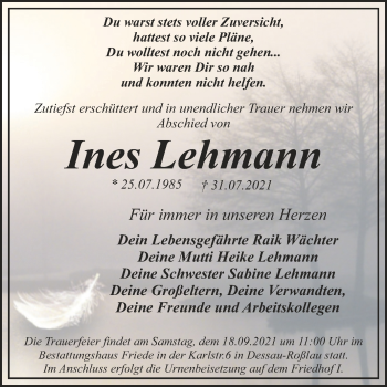 Traueranzeige von Ines Lehmann von Trauerkombi Dessau