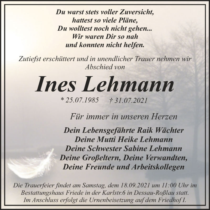  Traueranzeige für Ines Lehmann vom 04.09.2021 aus Trauerkombi Dessau