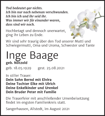 Traueranzeige von Inge Baage von Trauerkombi Sangerhausen